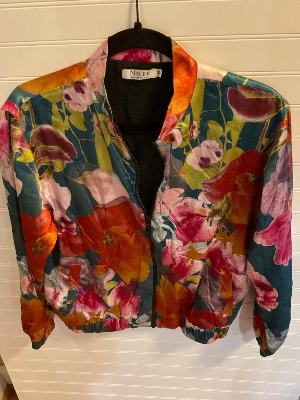 Nacre Floral Satin Bomber Jacket Multicolor Women’s Size Medium